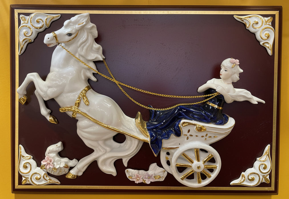 Lady in blue riding horse carriage in ceramic