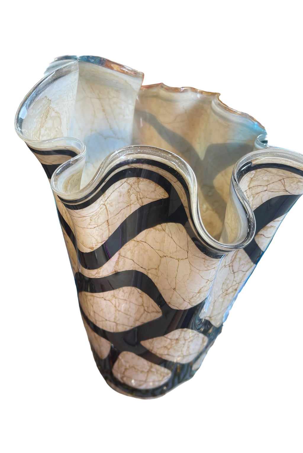 Vintage hand blown Krosno Art glass vase with ruffled rim with abstract pattern 13 inches tall, 9 inches wide. Absolutely beautiful!
