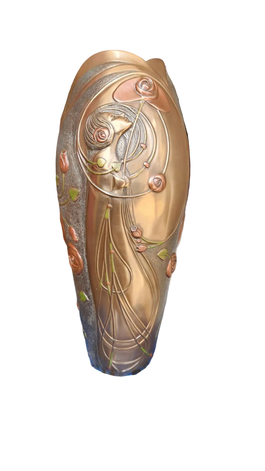 Art Nouveau Geometric Rose and Lady Vase, Bronze Powder Cast 13-3/8''