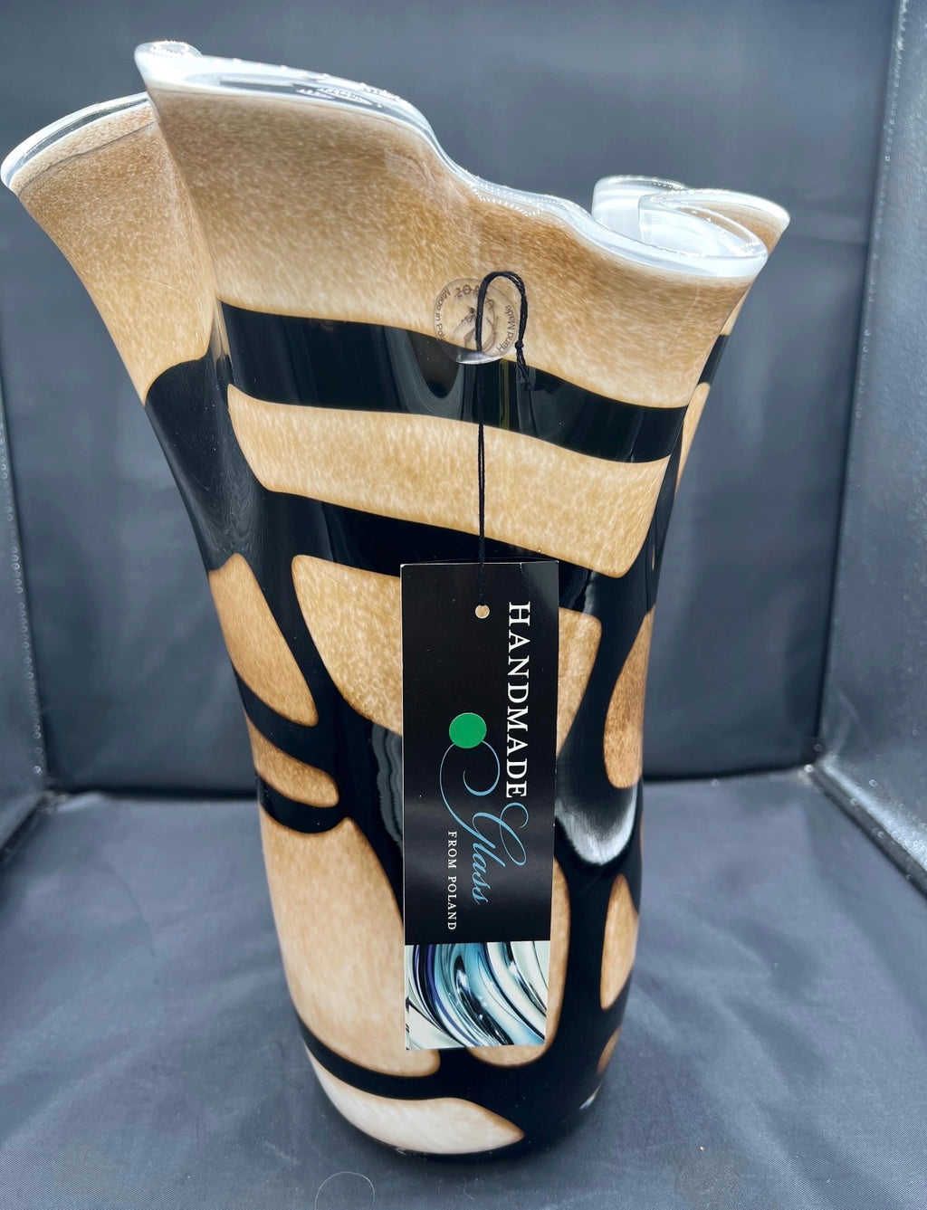 Vintage hand blown Krosno Art glass vase with ruffled rim with abstract pattern 13 inches tall, 9 inches wide. Absolutely beautiful!