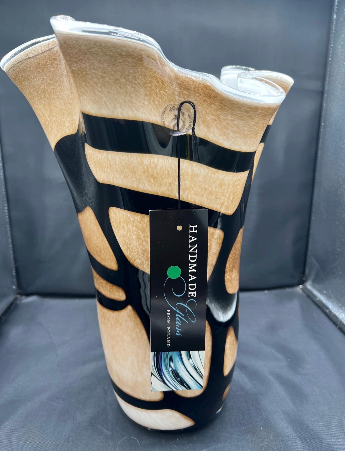 Vintage hand blown Krosno Art glass vase with ruffled rim with abstract pattern 13 inches tall, 9 inches wide. Absolutely beautiful!