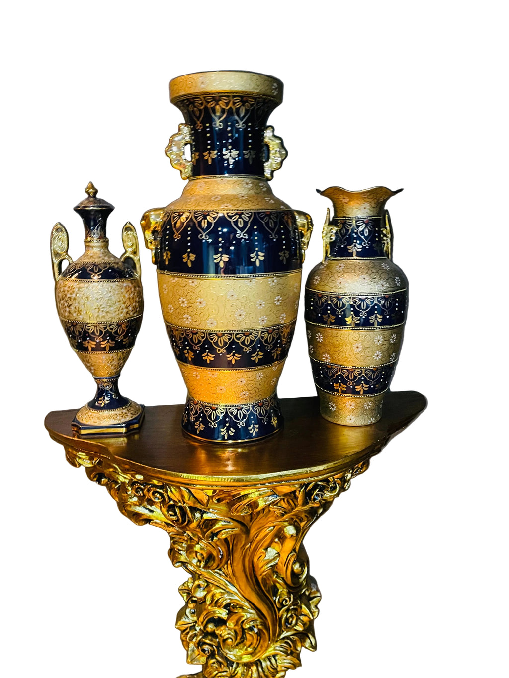 Persian Crafted Vintage Porcelain Vase Set Of 3 Gold Plated And And Blue