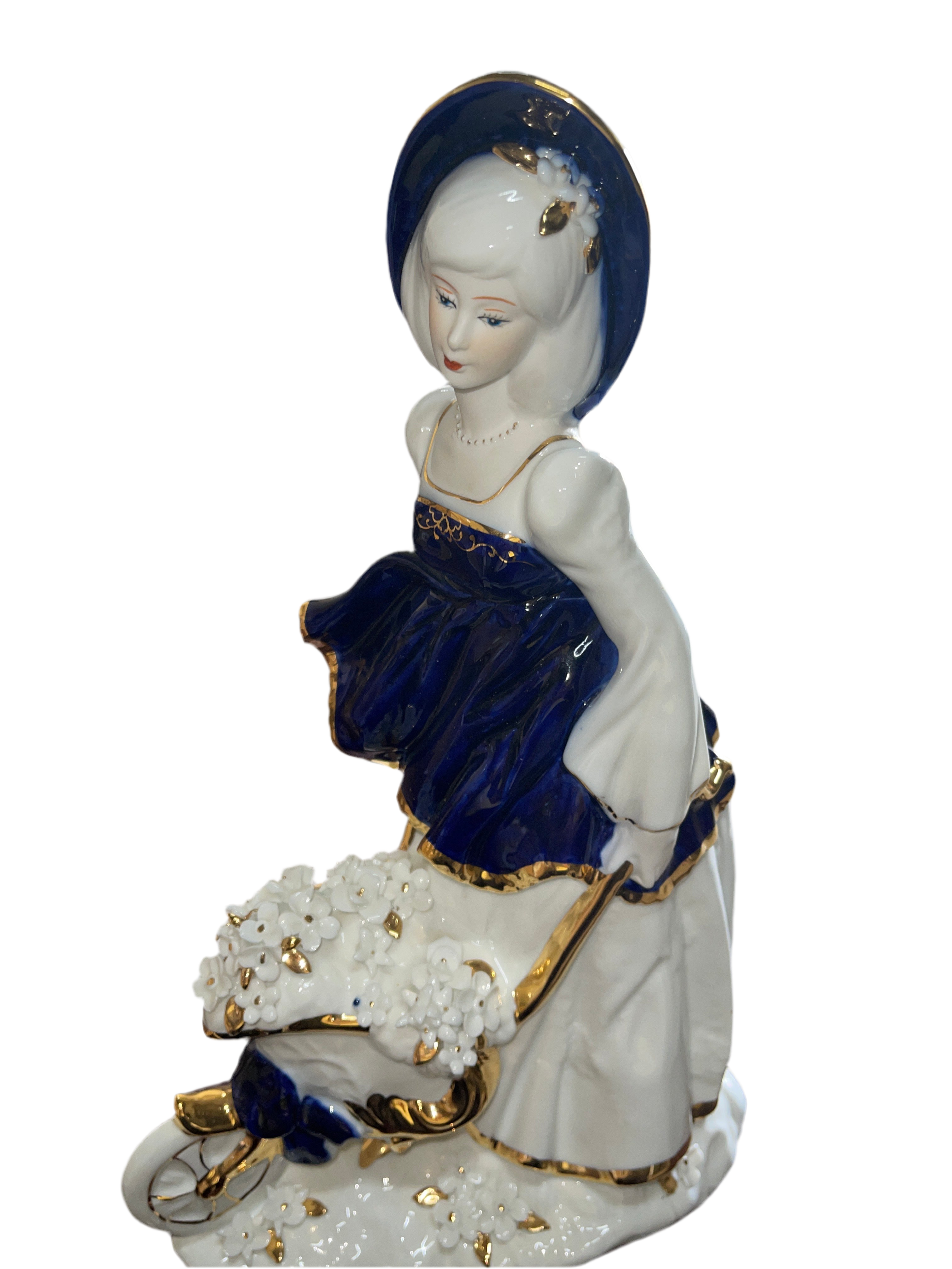 Blue Dress Girl From Spain Fine Porcelain Selling Flowers With The Carriage Of Flowers