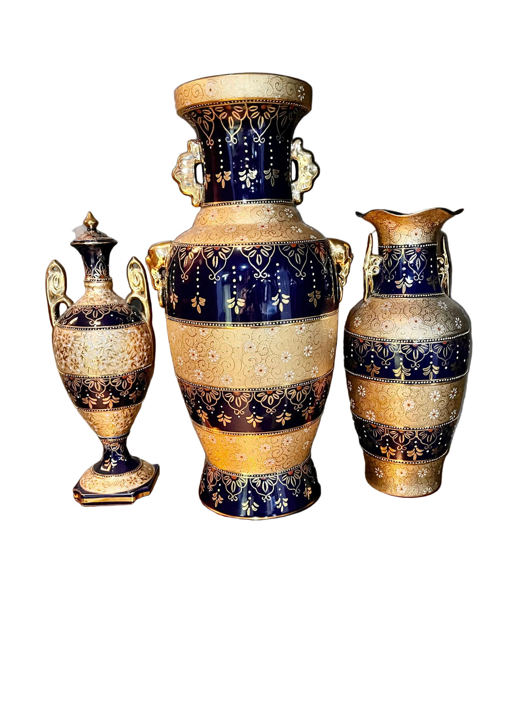 Persian Crafted Vintage Porcelain Vase Set Of 3 Gold Plated And And Blue