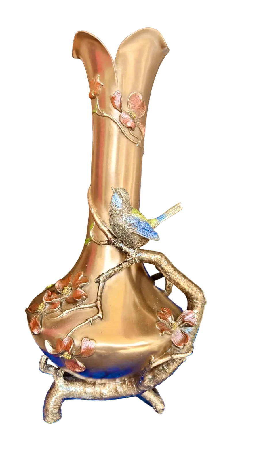 Art Nouveau Bronze Vase: Reed And Blue Bird Figurine