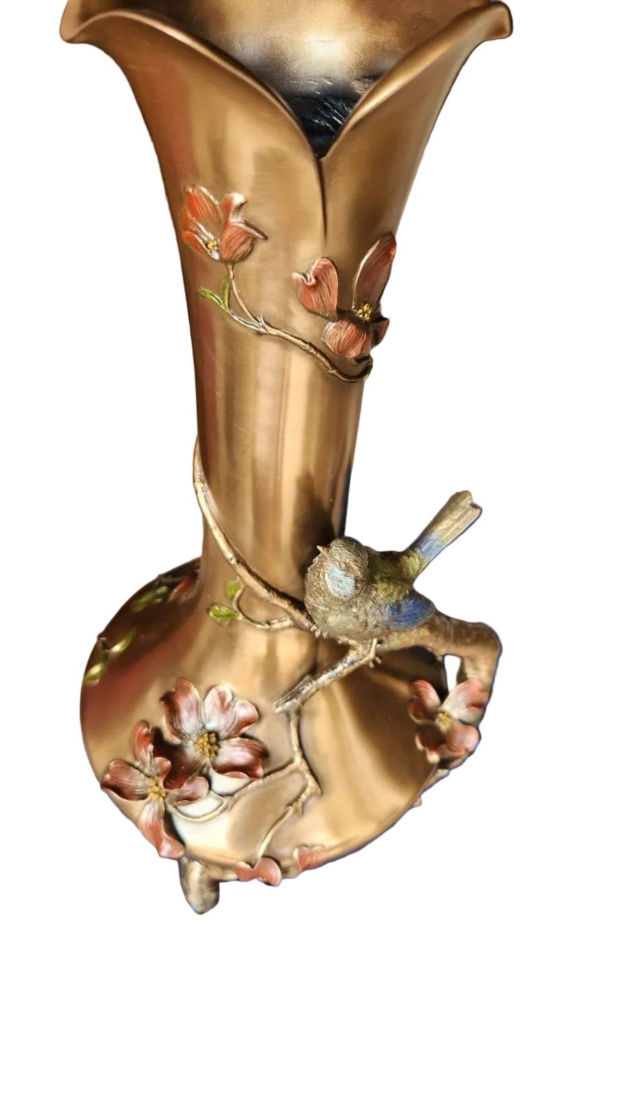 Art Nouveau Bronze Vase: Reed And Blue Bird Figurine
