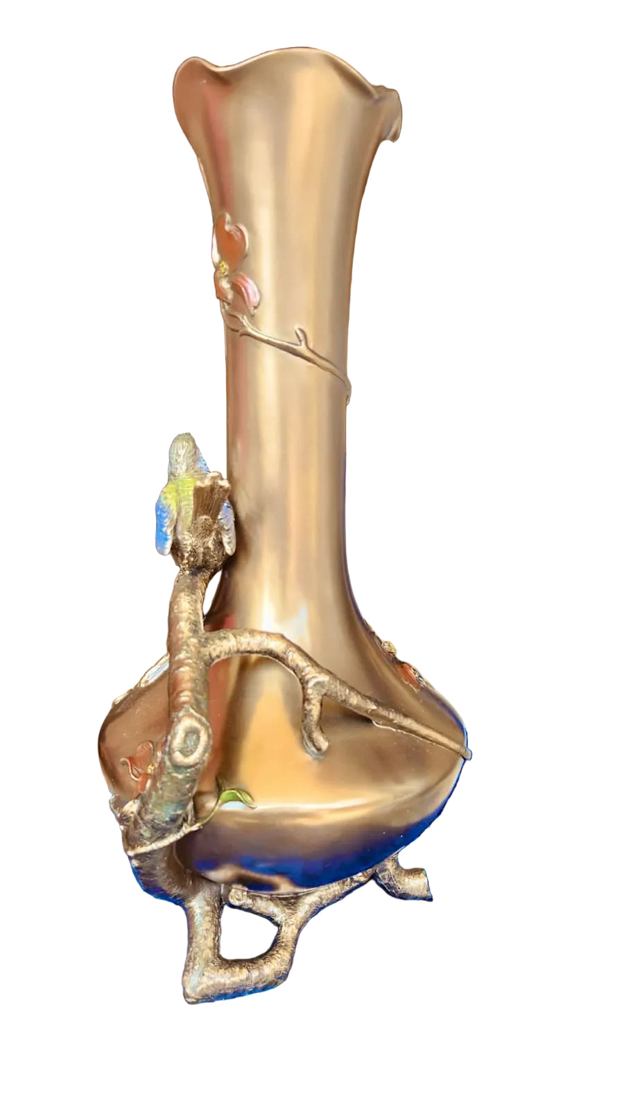 Art Nouveau Bronze Vase: Reed And Blue Bird Figurine