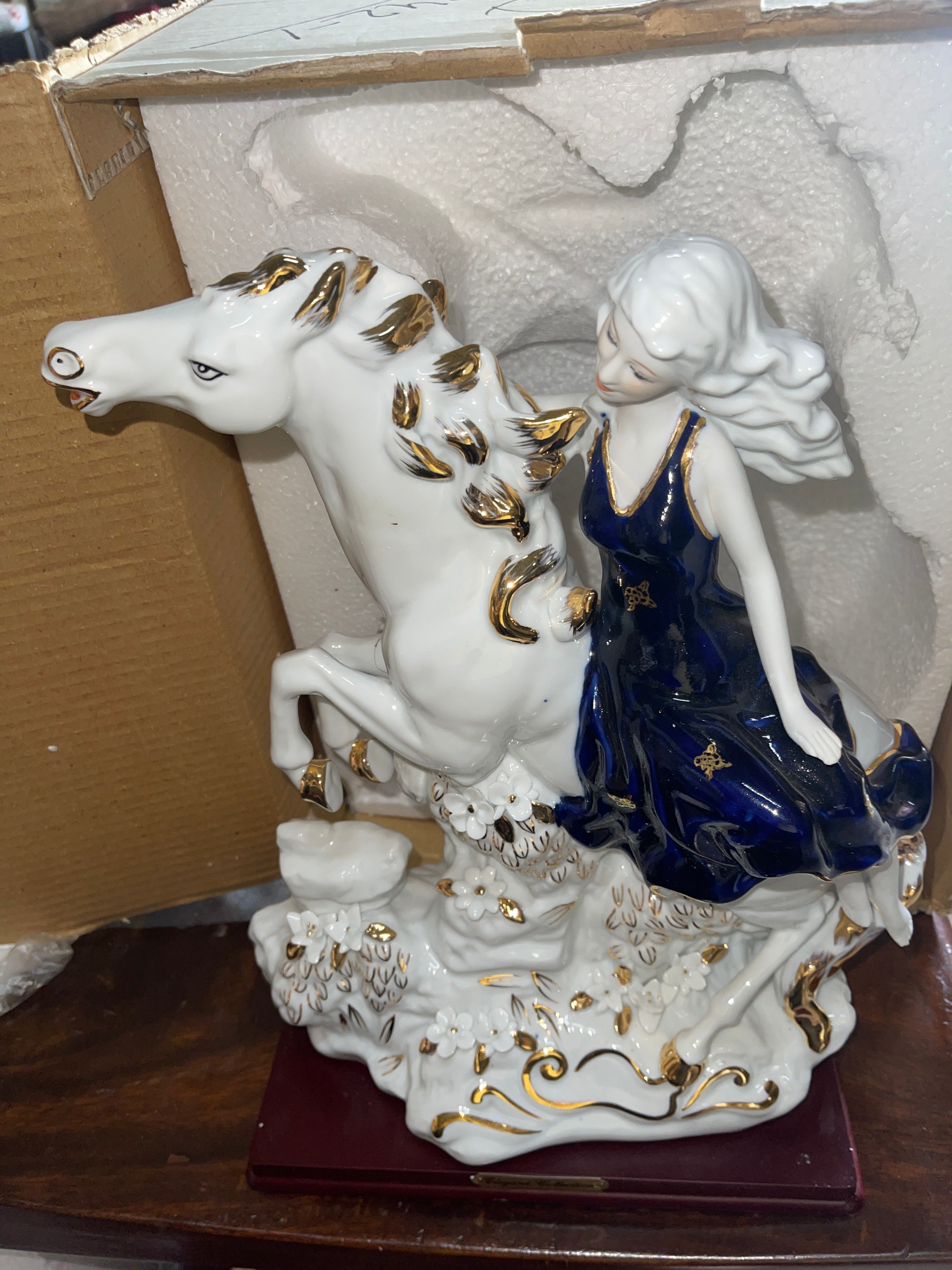 Lady In Blue Ceramic Riding Horse