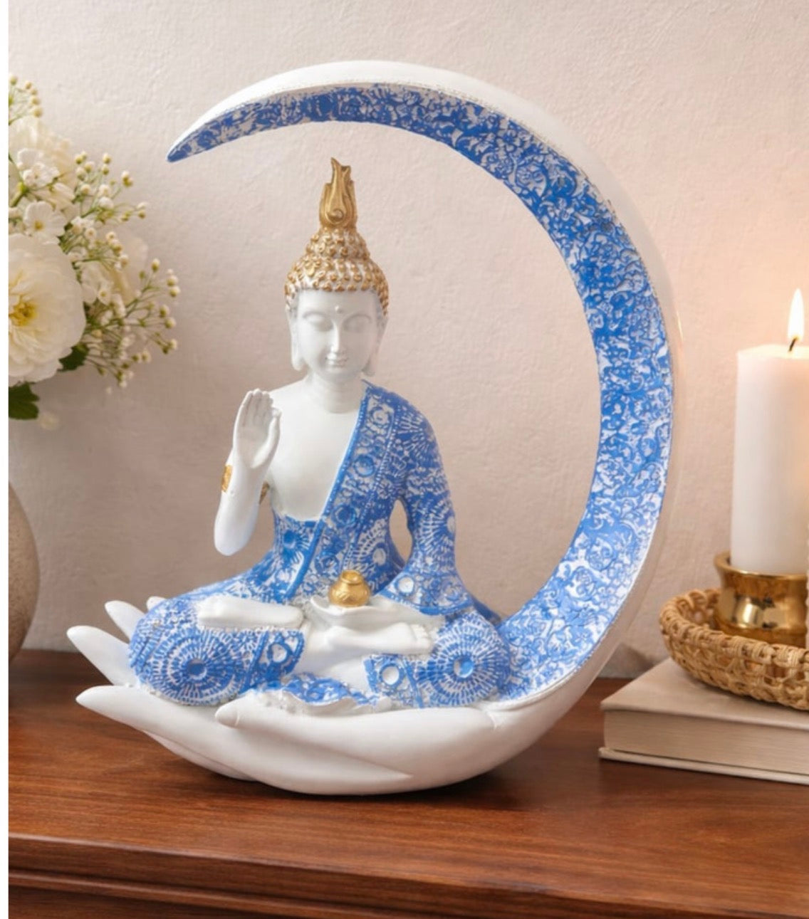 Lord Buddha in the moon on a palm
