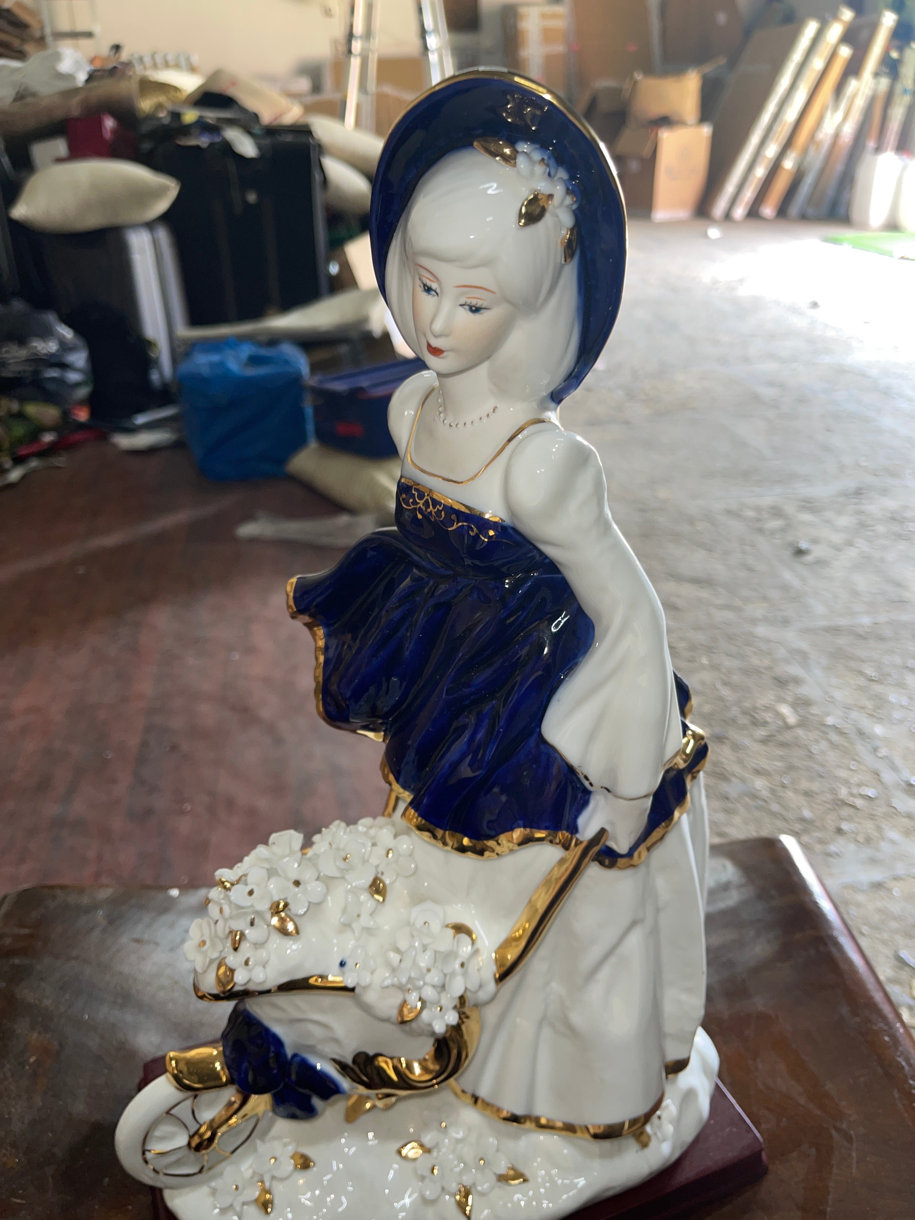Blue Dress Girl From Spain Fine Porcelain Selling Flowers With The Carriage Of Flowers