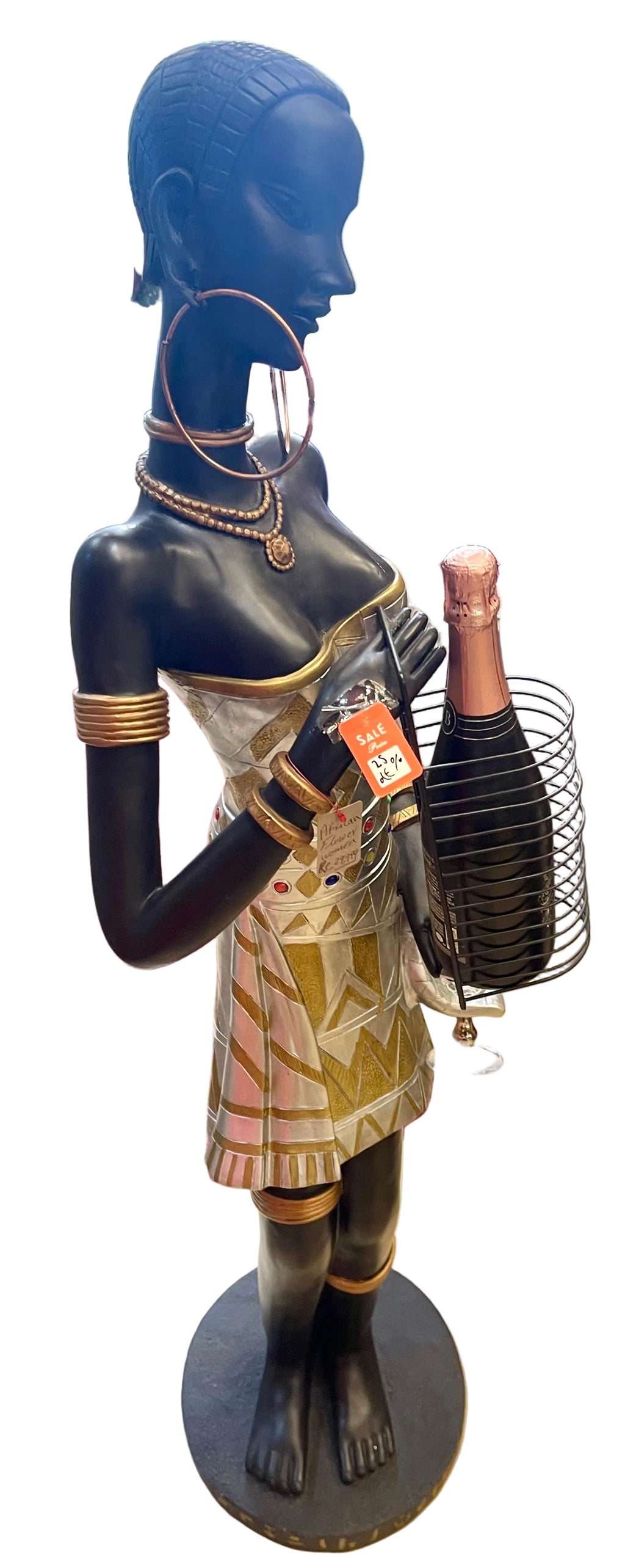 African woman holding a champagne bottle with glasses