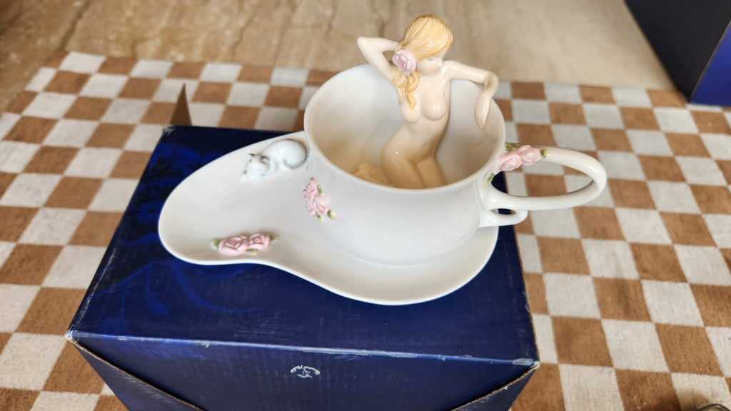 Cup and saucer with a nude lady in the cup