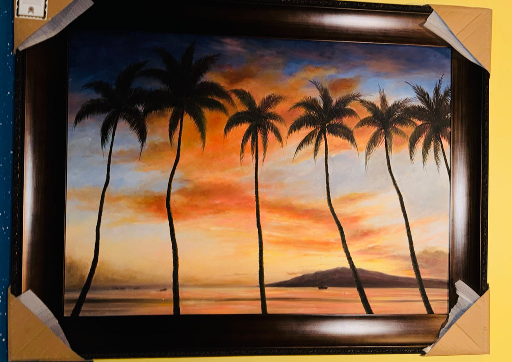 Large Canvas Painting Of Beach And Palm Trees With Frame