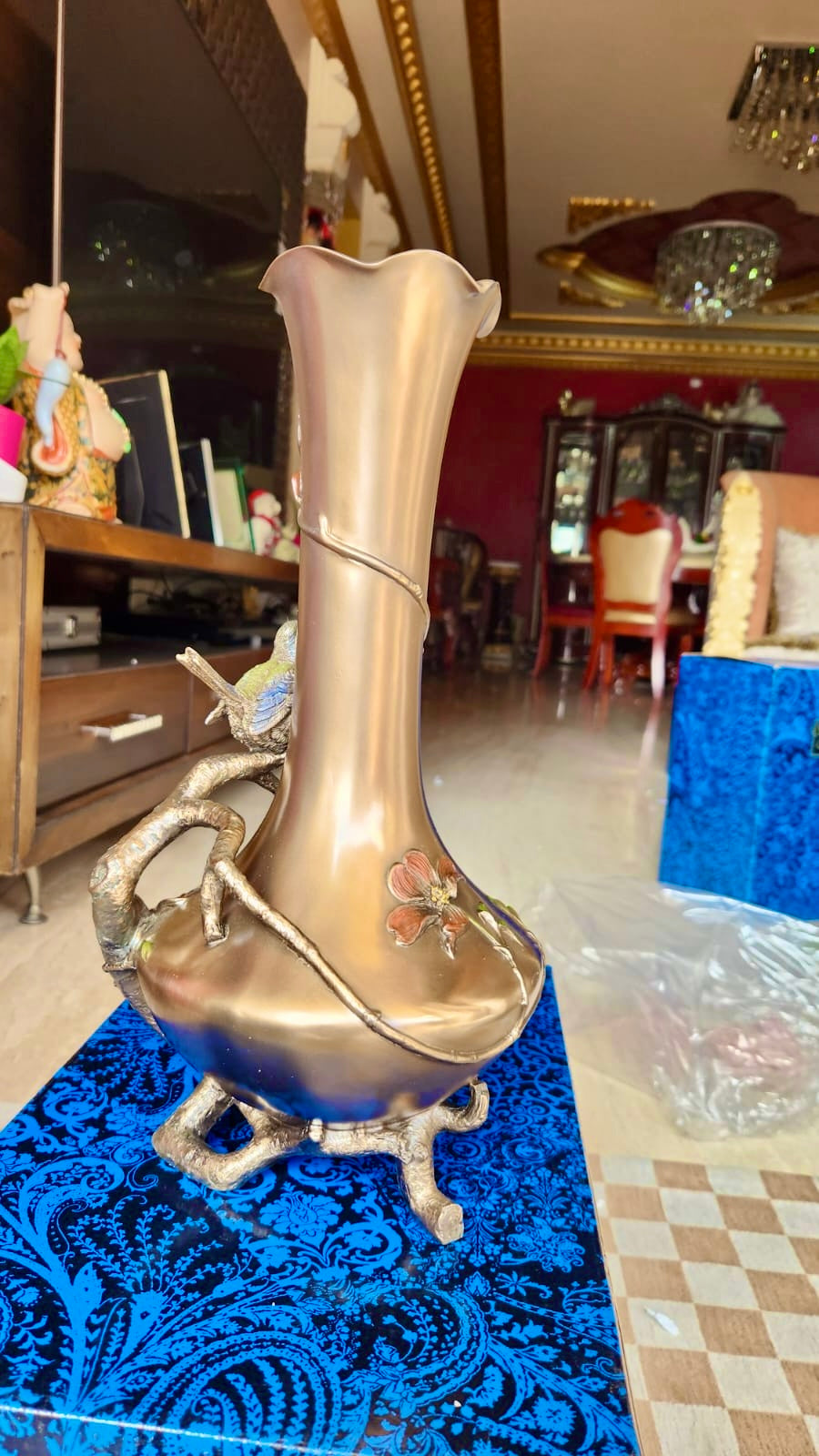 Art Nouveau Bronze Vase: Reed And Blue Bird Figurine