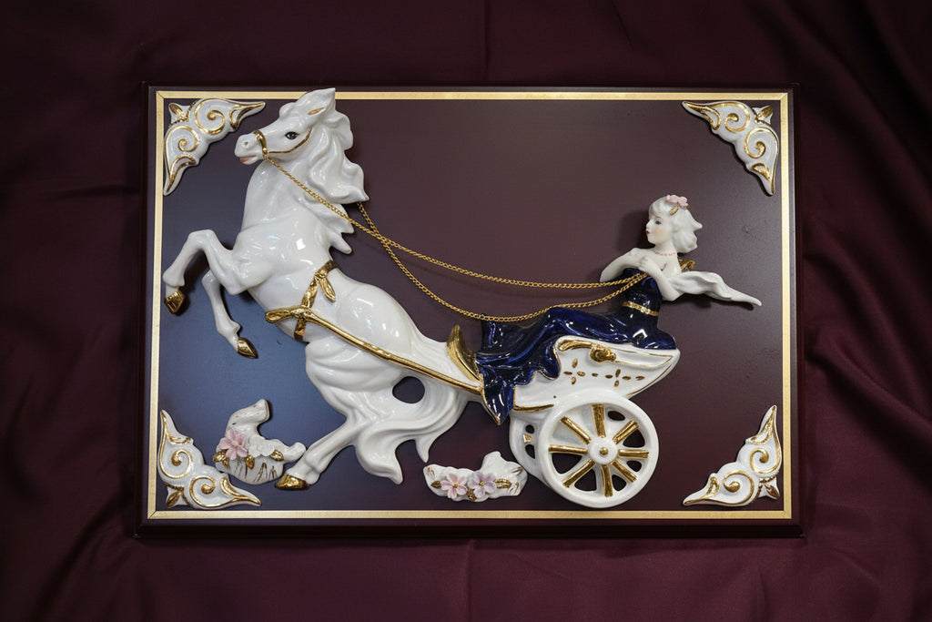 3-D fine porcelain wall, art Lady in blue riding horse buggy carriage elegant collection