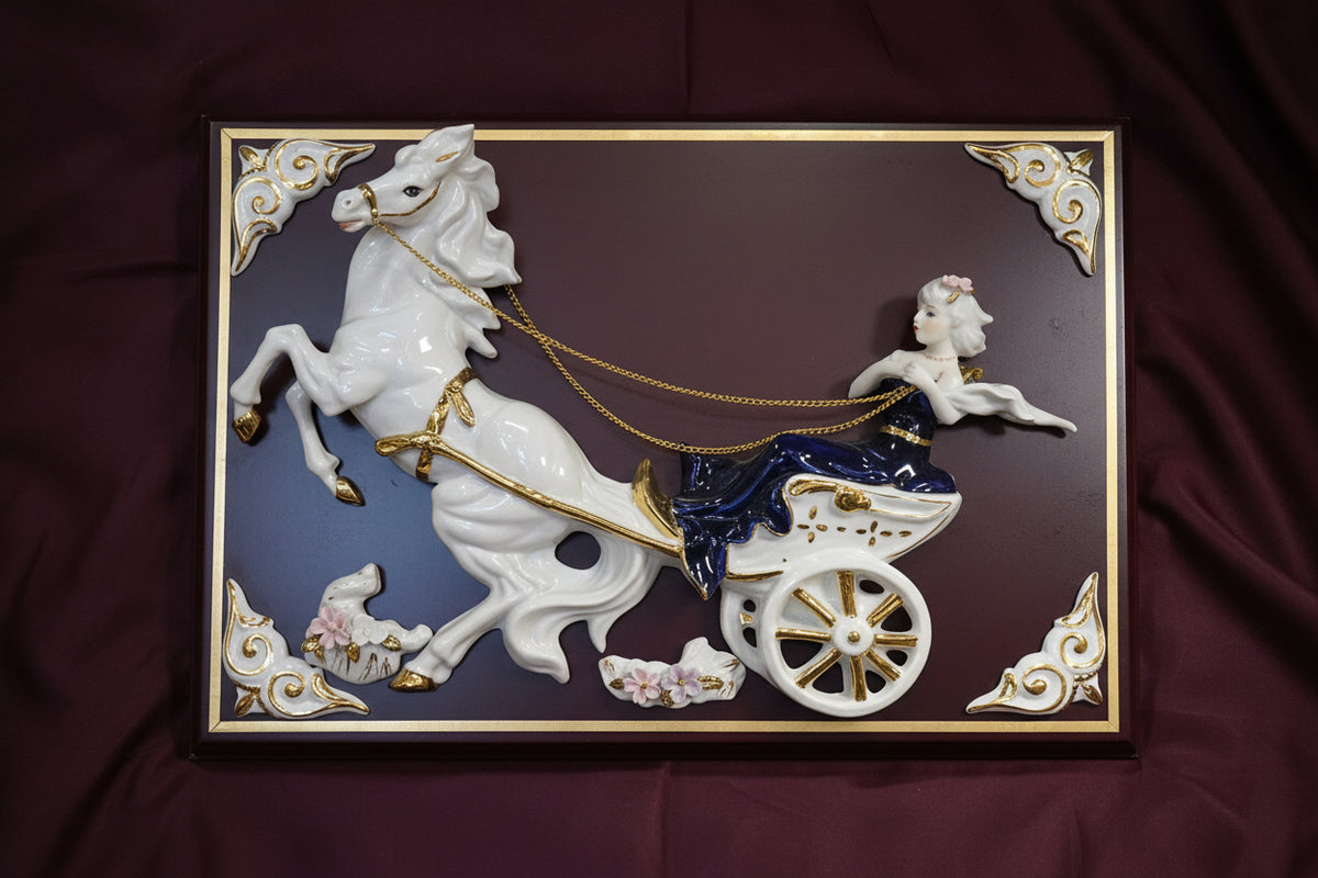 3-D fine porcelain wall, art Lady in blue riding horse buggy carriage elegant collection