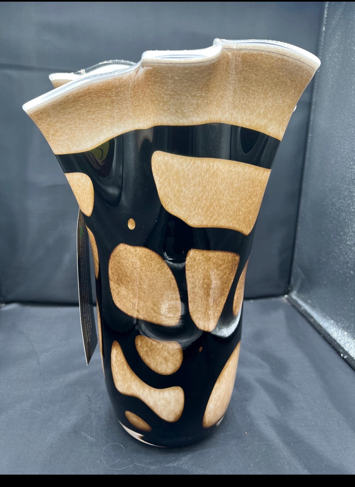 Vintage hand blown Krosno Art glass vase with ruffled rim with abstract pattern 13 inches tall, 9 inches wide. Absolutely beautiful!
