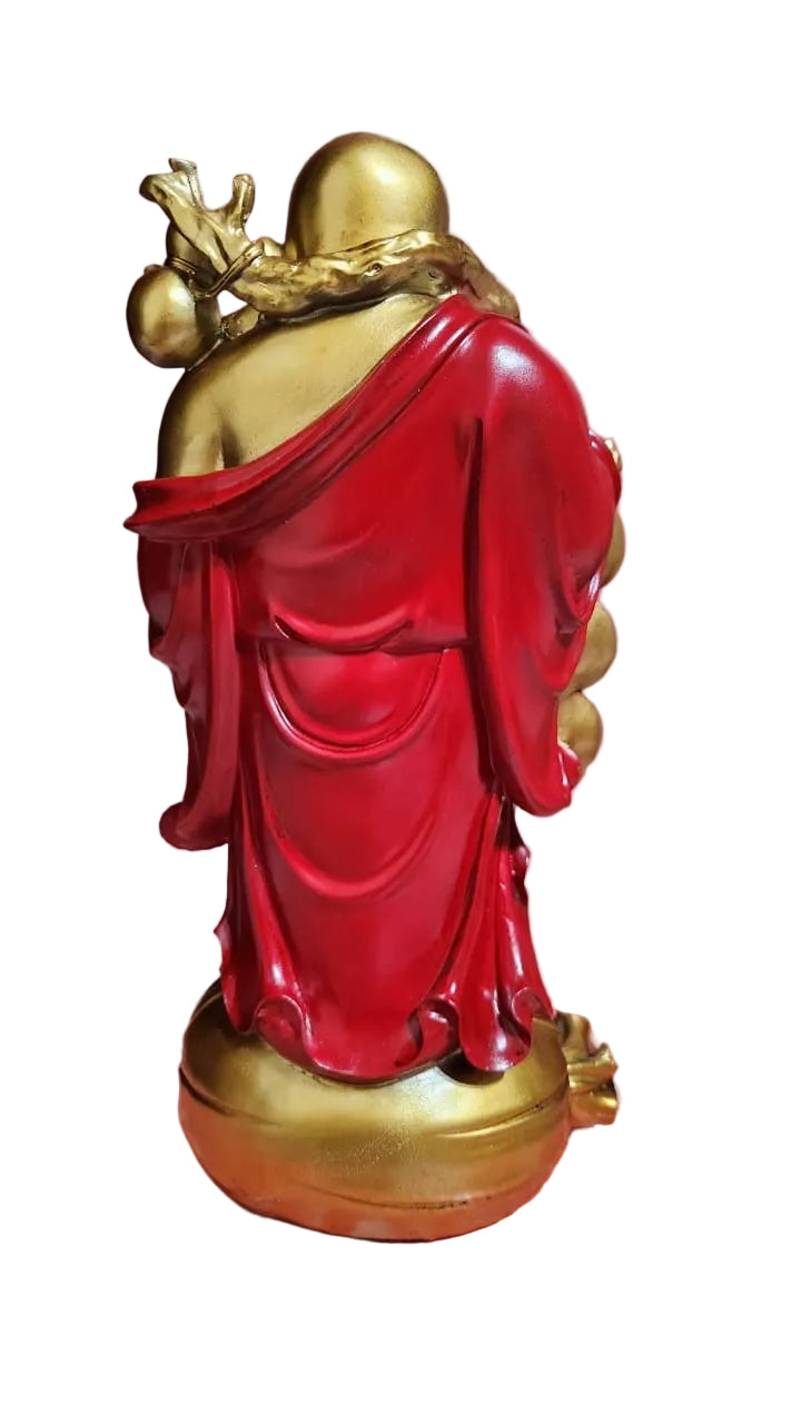 Red and gold, laughing, Buddha standing 14”