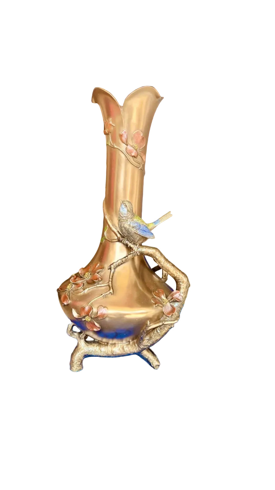 Art Nouveau Bronze Vase: Reed And Blue Bird Figurine