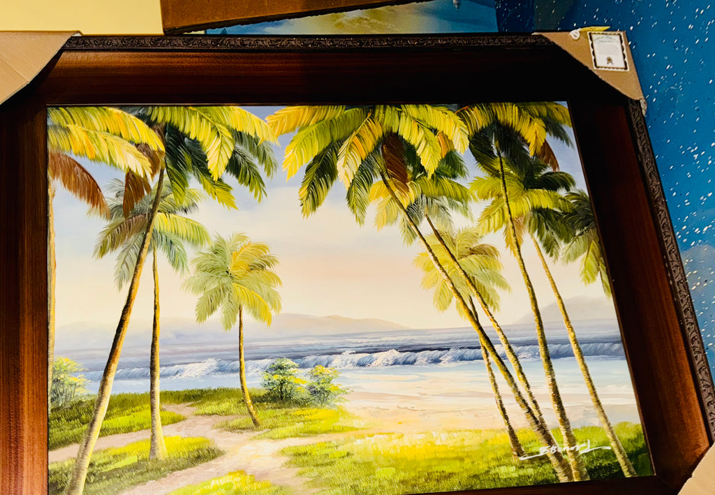 Large Canvas Painting With Frame Of Beach And Palm Trees