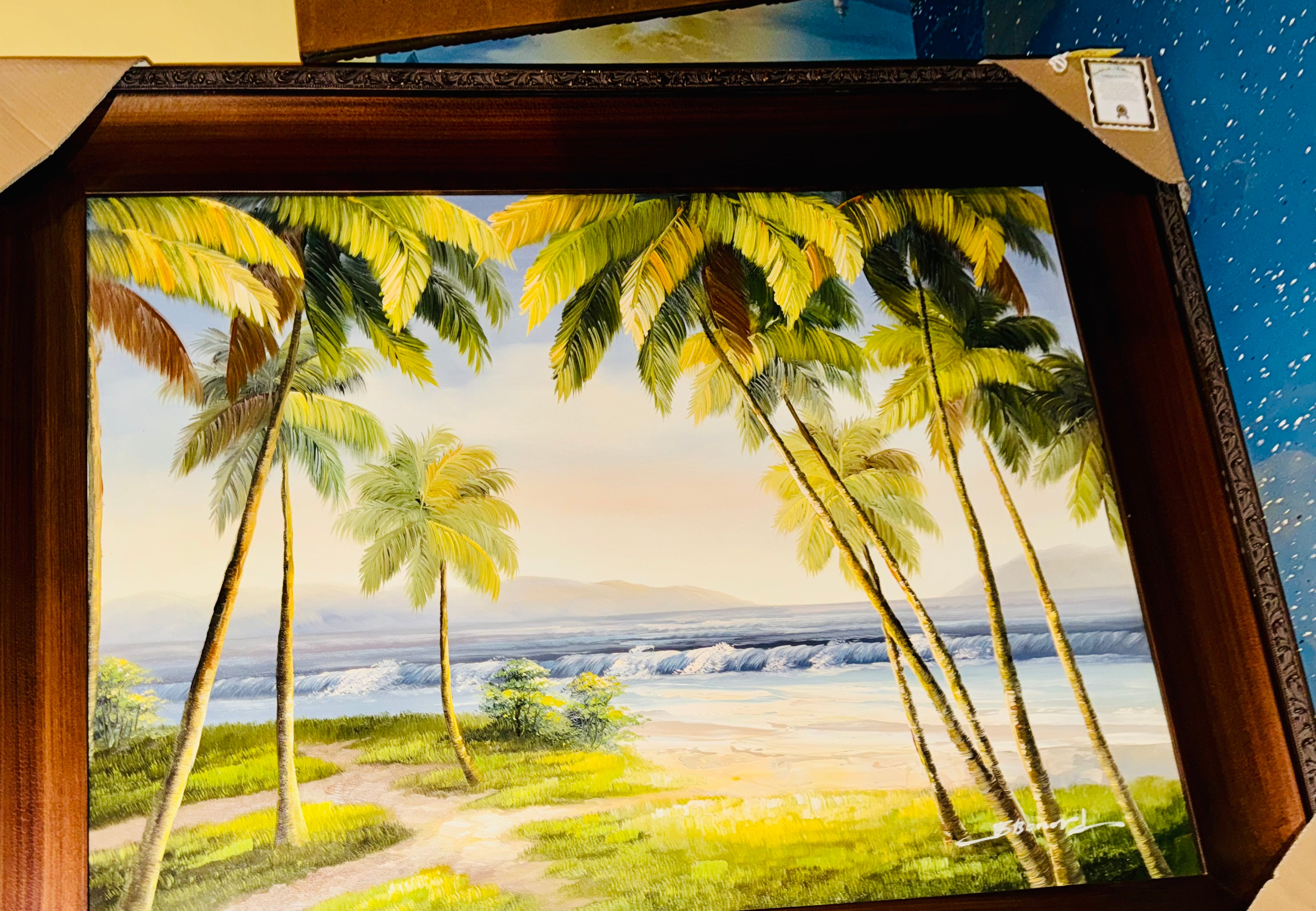 Large Canvas Painting With Frame Of Beach And Palm Trees