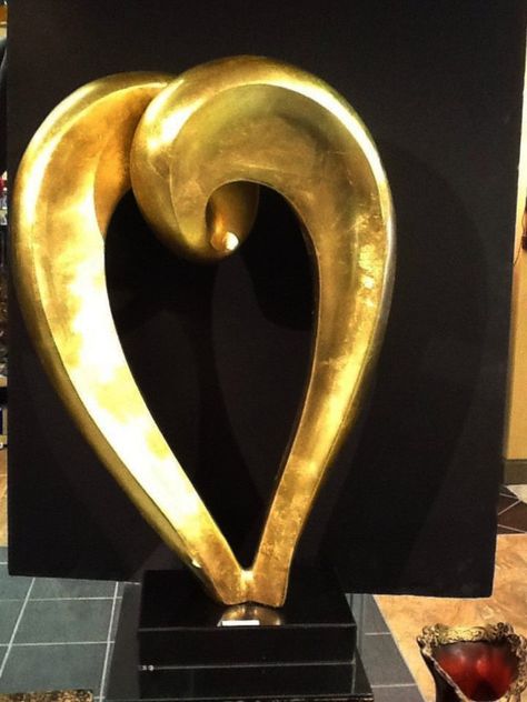 Large Golden Heart Sculpture With Marble Base