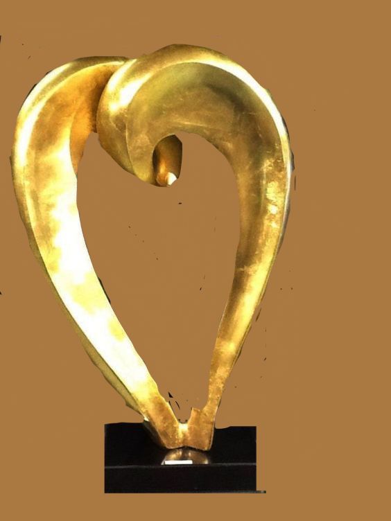 Large Golden Heart Sculpture With Marble Base
