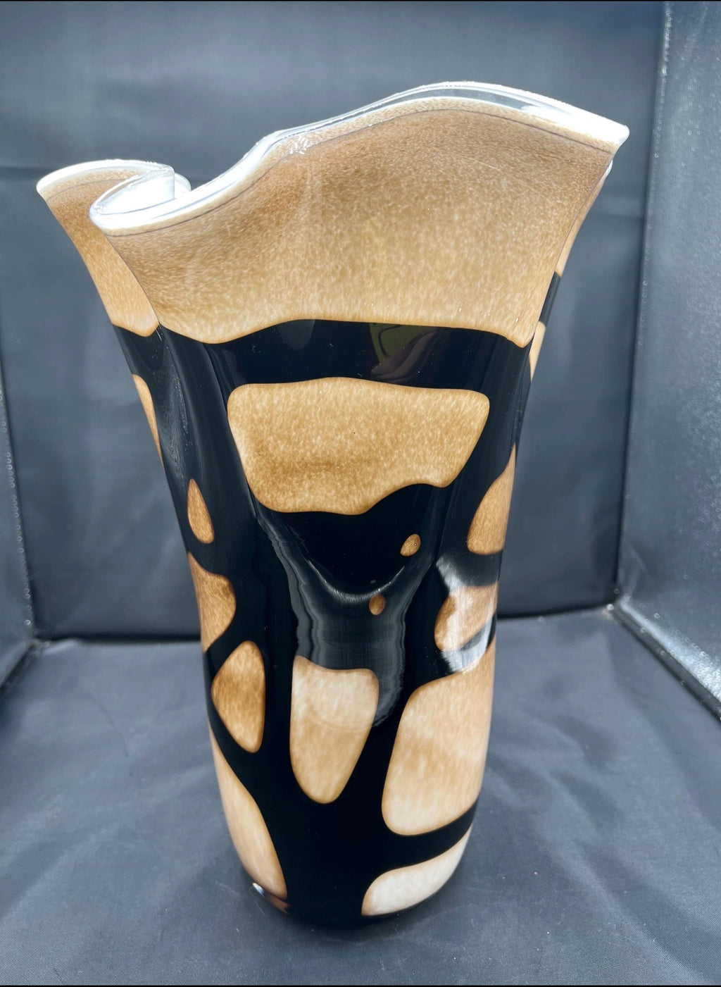 Vintage hand blown Krosno Art glass vase with ruffled rim with abstract pattern 13 inches tall, 9 inches wide. Absolutely beautiful!