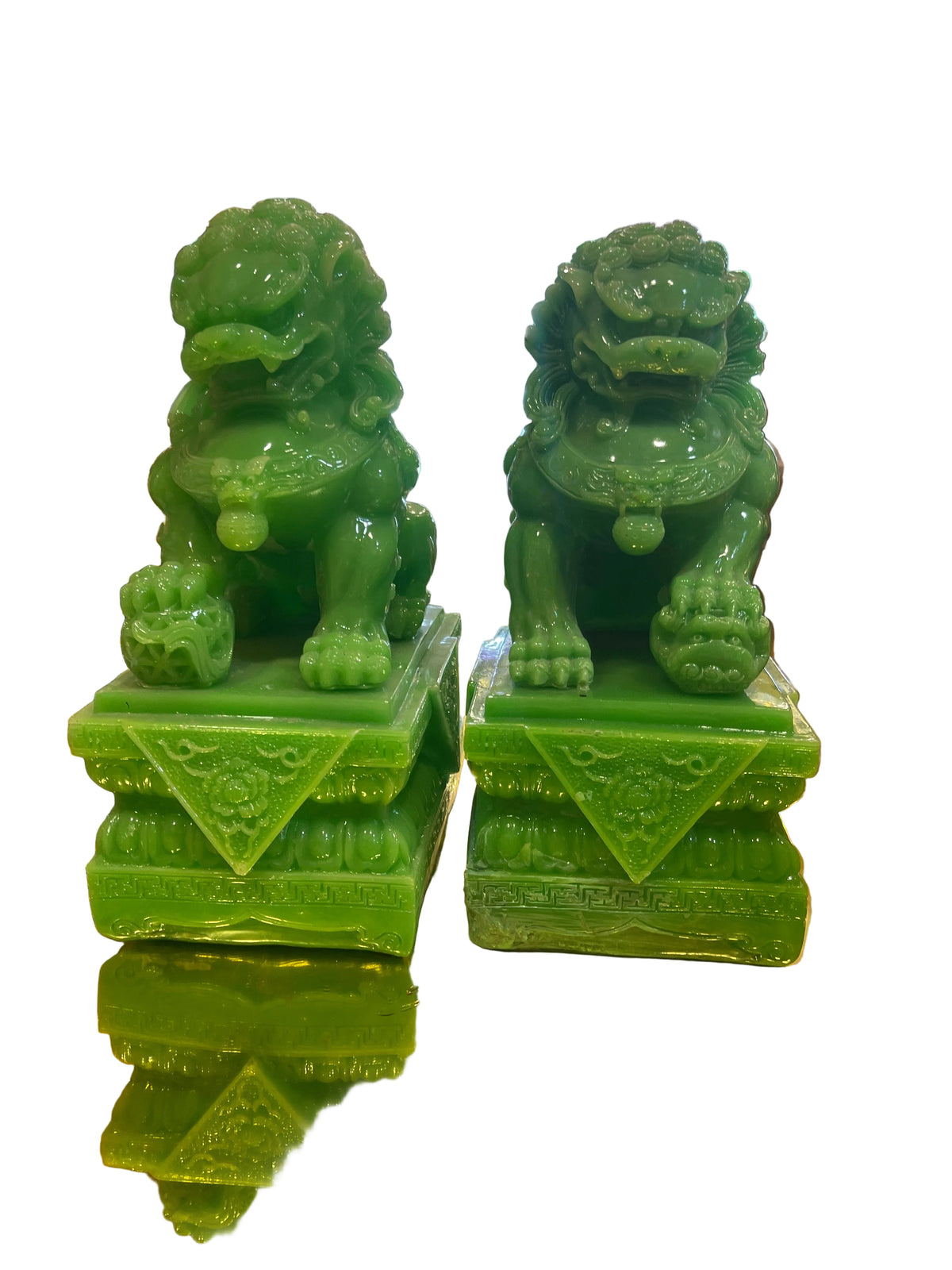Green jade color Feng Shui Lion Statues Pair of Guardian Lions Fu Foo Dogs