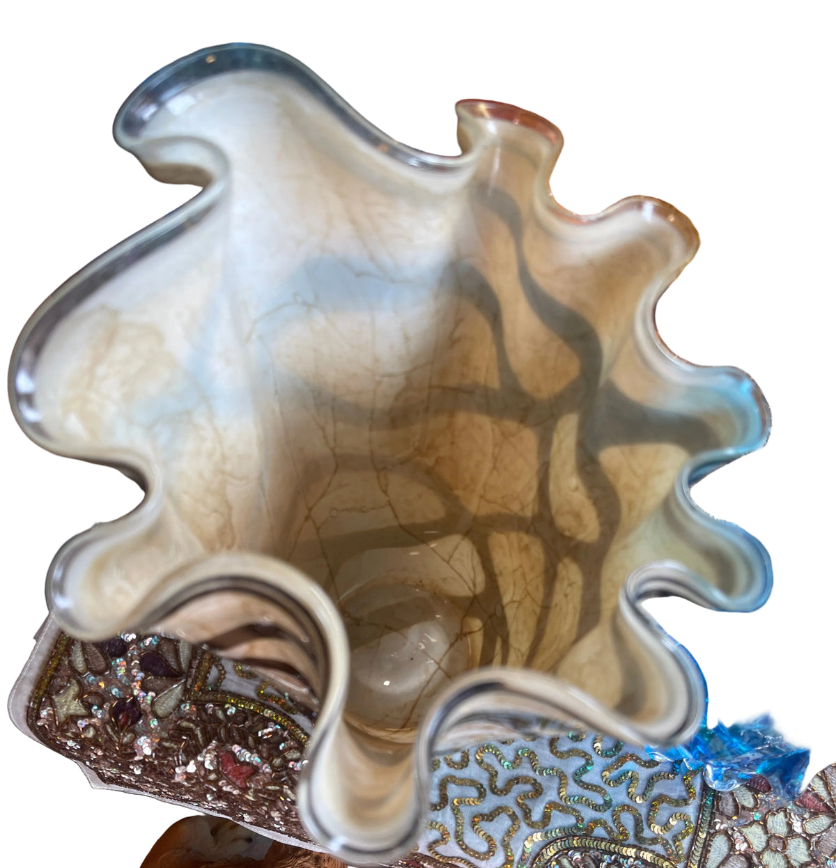 Vintage hand blown Krosno Art glass vase with ruffled rim with abstract pattern 13 inches tall, 9 inches wide. Absolutely beautiful!
