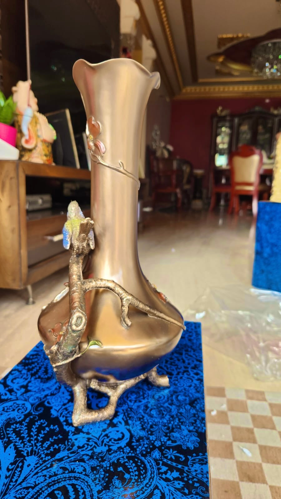 Art Nouveau Bronze Vase: Reed And Blue Bird Figurine