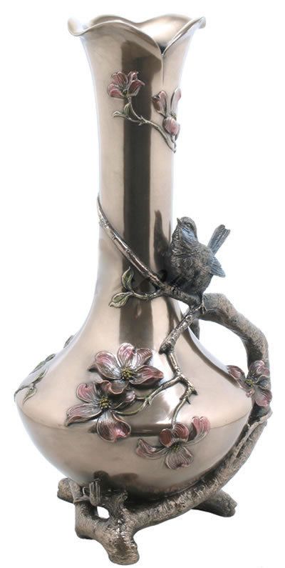 Art Nouveau Bronze Vase: Reed And Blue Bird Figurine