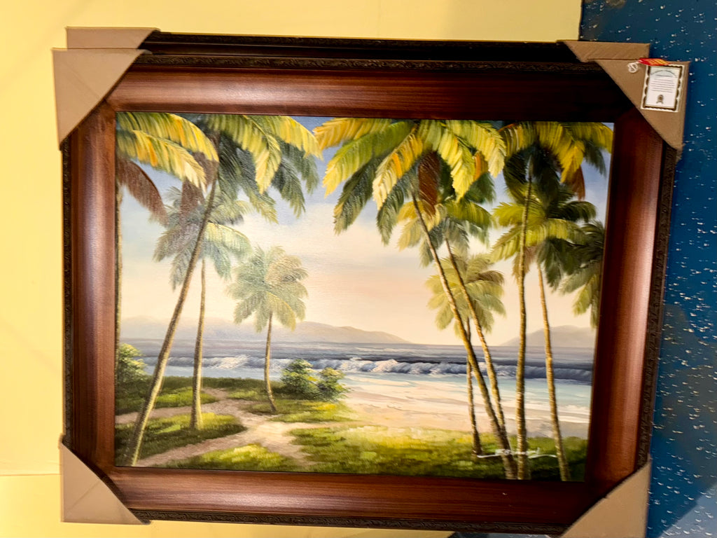 Large Canvas Painting With Frame Of Beach And Palm Trees