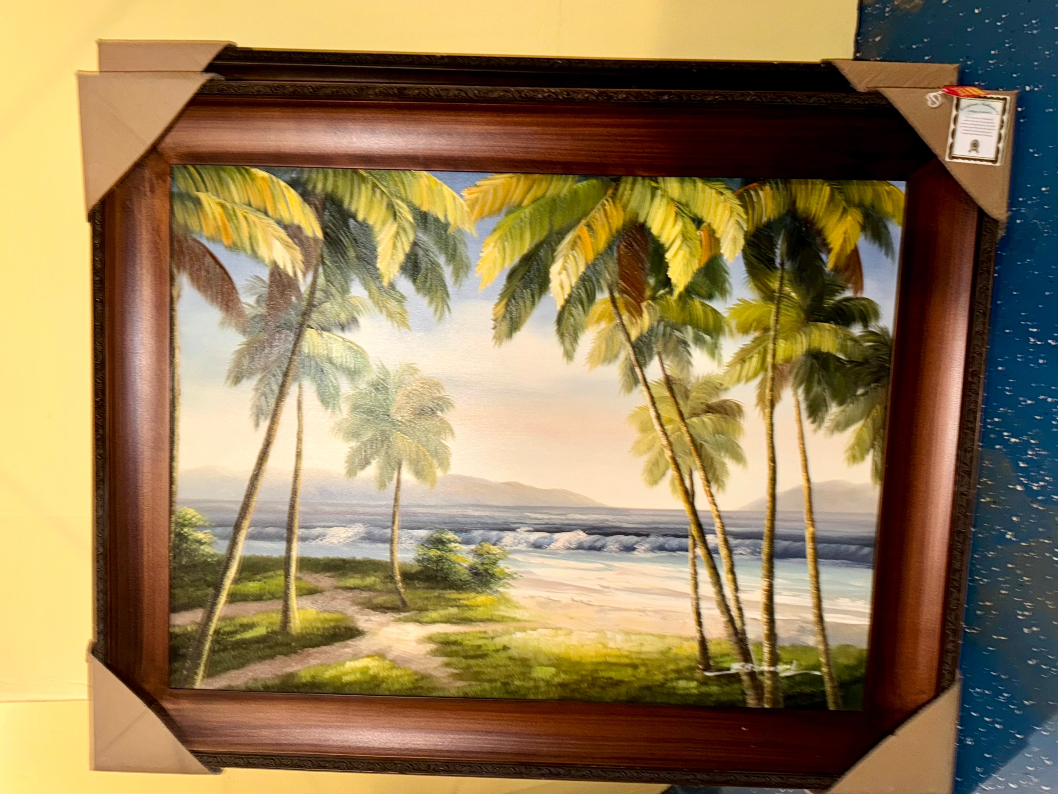 Large Canvas Painting With Frame Of Beach And Palm Trees