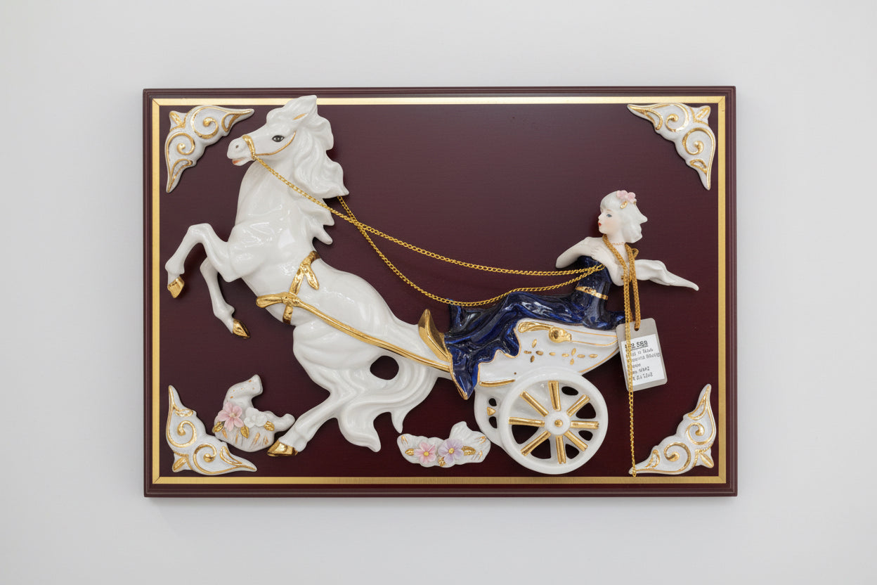 Lady in blue riding horse carriage in ceramic