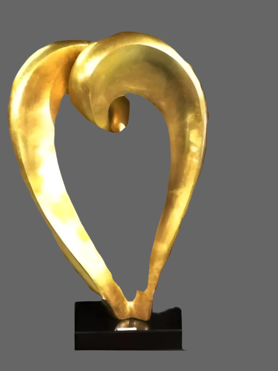 Large Golden Heart Sculpture With Marble Base