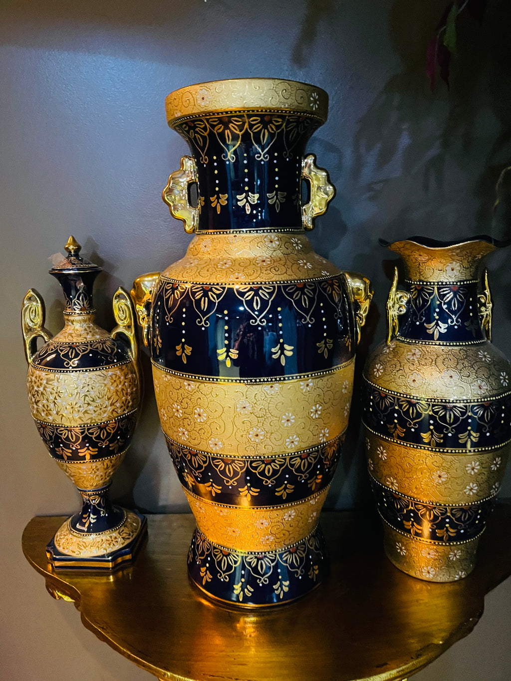 Persian Crafted Vintage Porcelain Vase Set Of 3 Gold Plated And And Blue