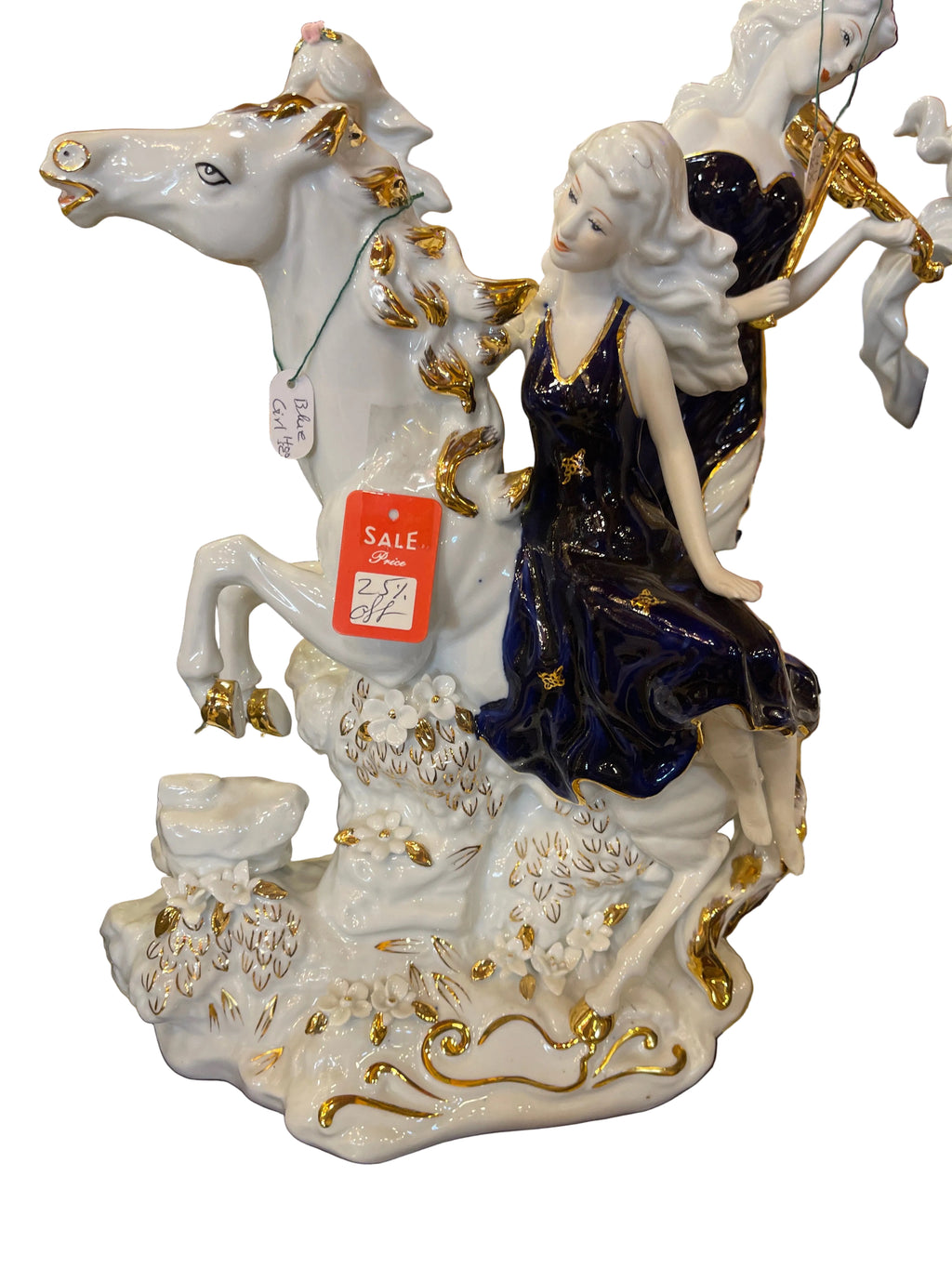 Lady In Blue Ceramic Riding Horse