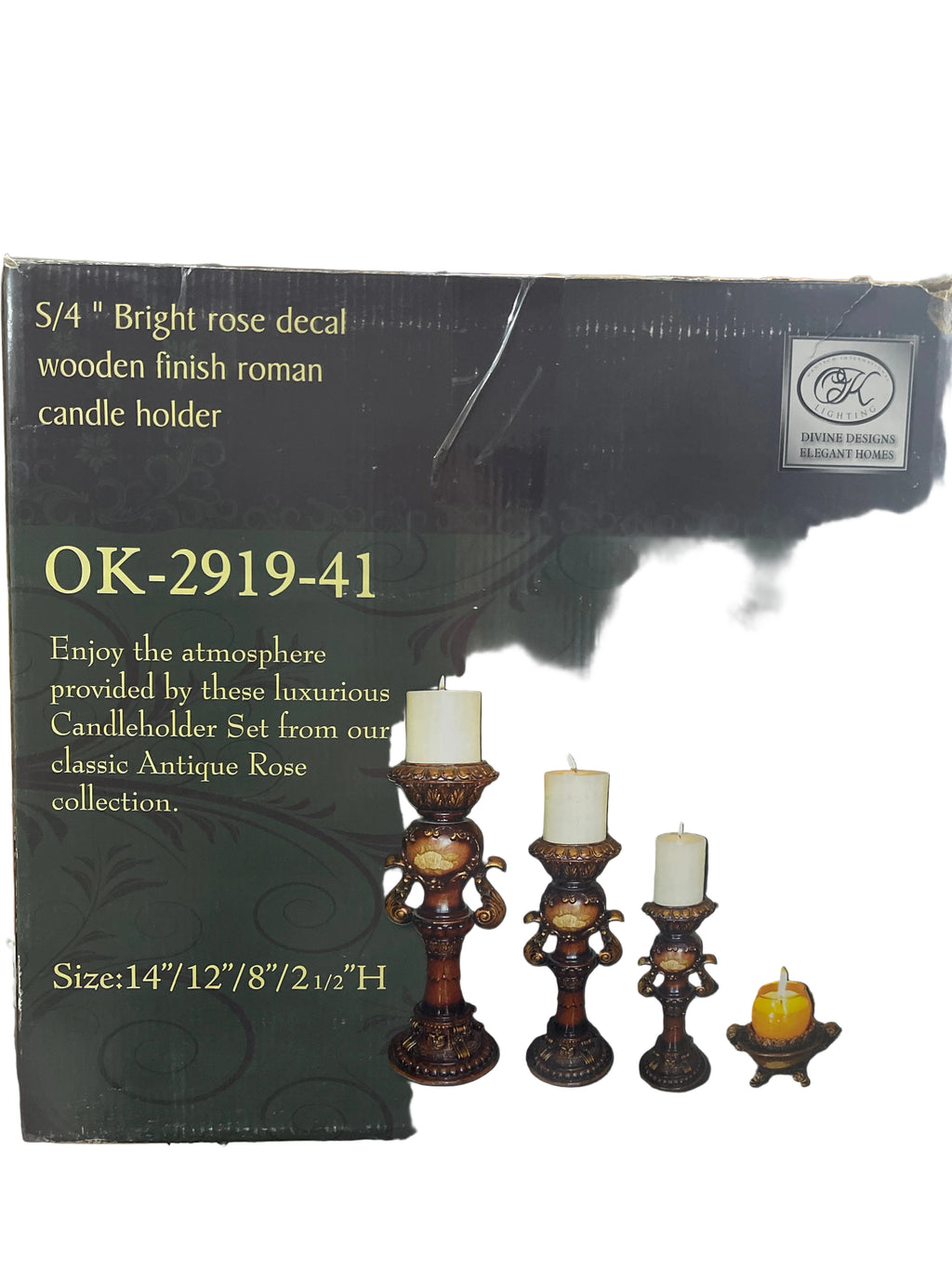 S/4” Bright rose decal wooden finish Roman candle holder set