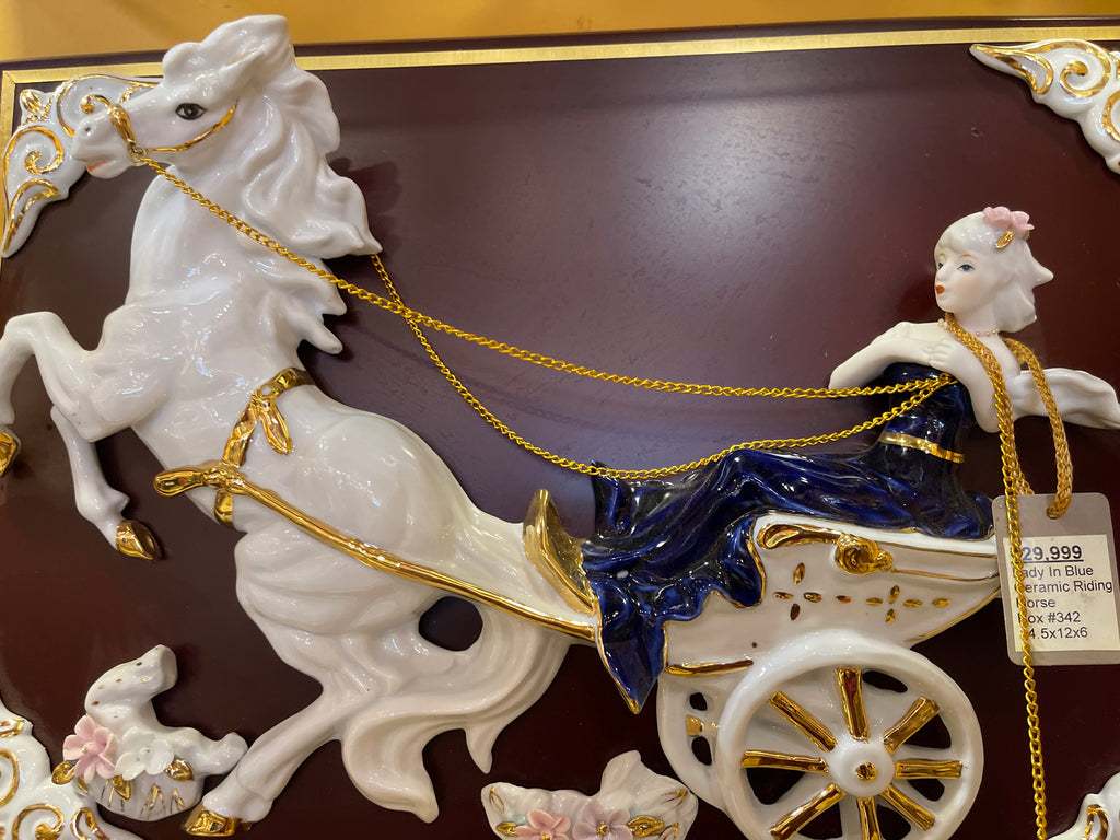 3-D fine porcelain wall, art Lady in blue riding horse buggy carriage elegant collection