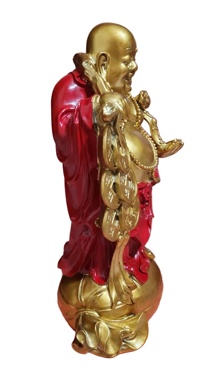 Red and gold, laughing, Buddha standing 14”