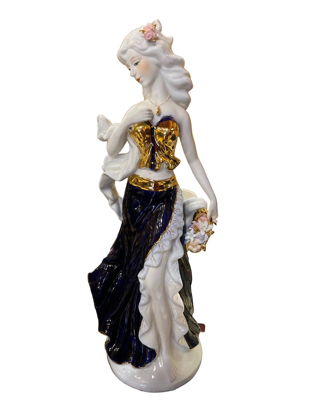 Lady and Blue holding flower basket fine porcelain
