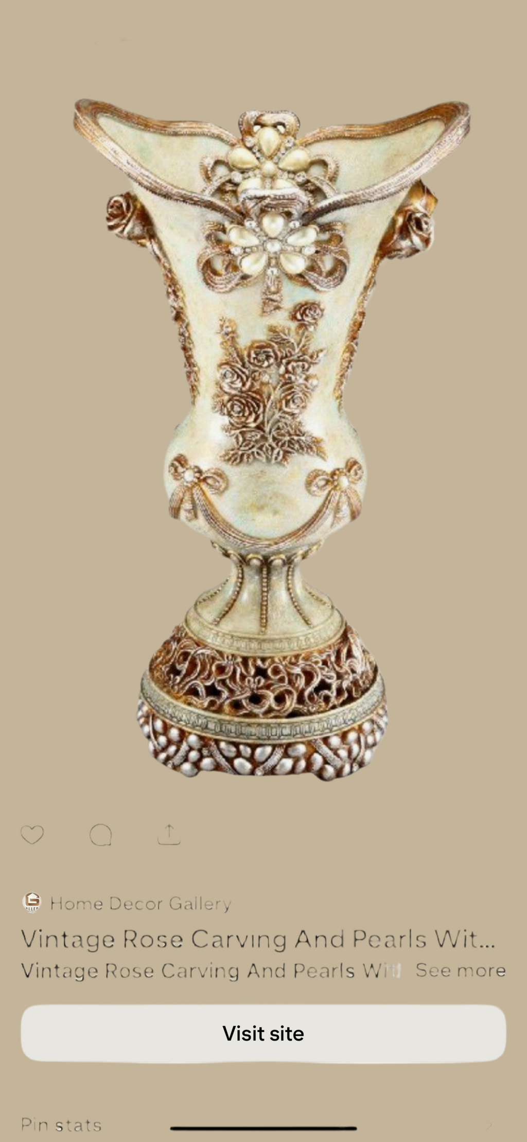 Vintage Rose collection Vase with pearls and crystal L9”xW7.5”xH 15.5''
