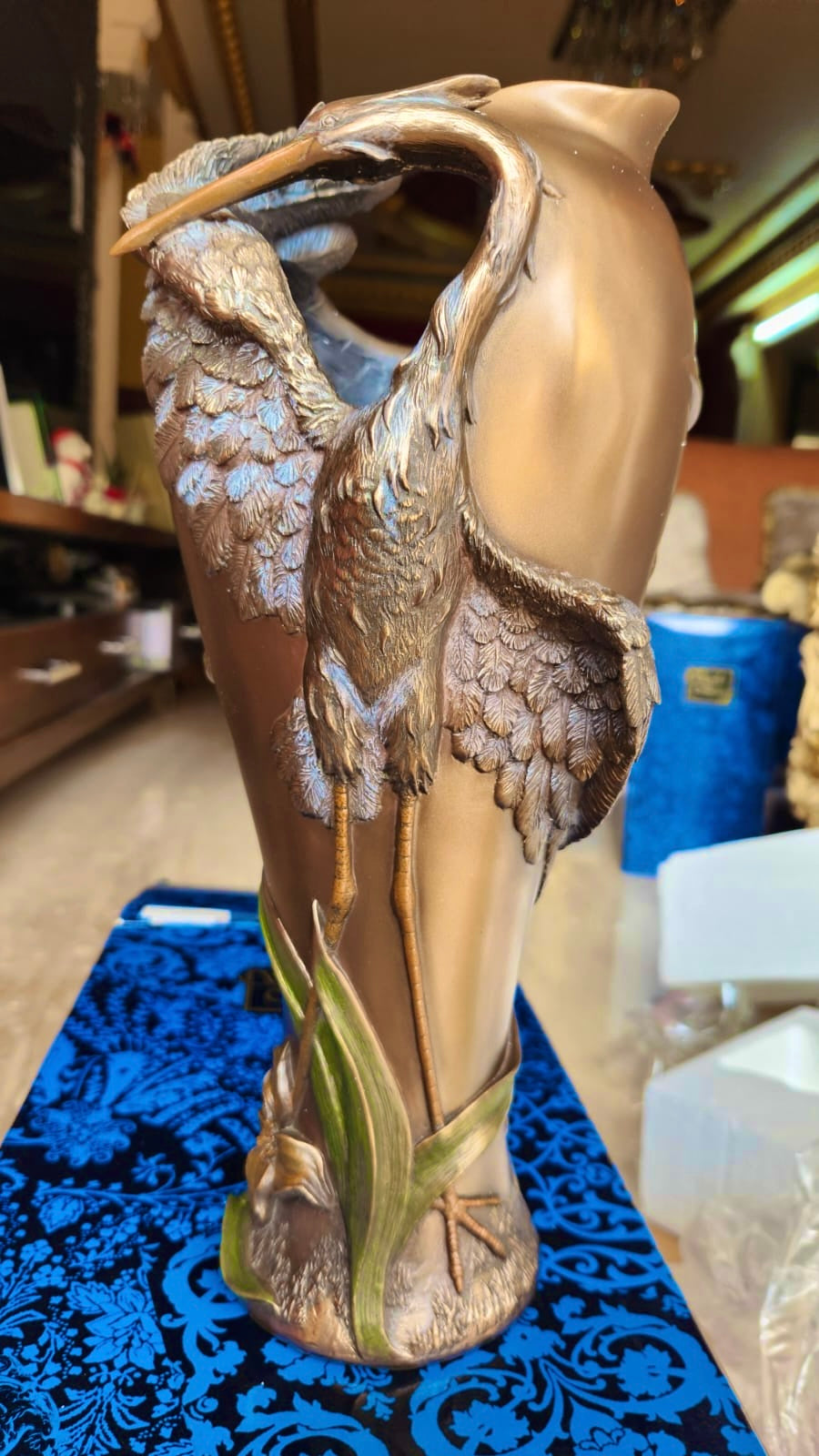 Art Nouveau Vase Beautiful Cranes with Dragonfly