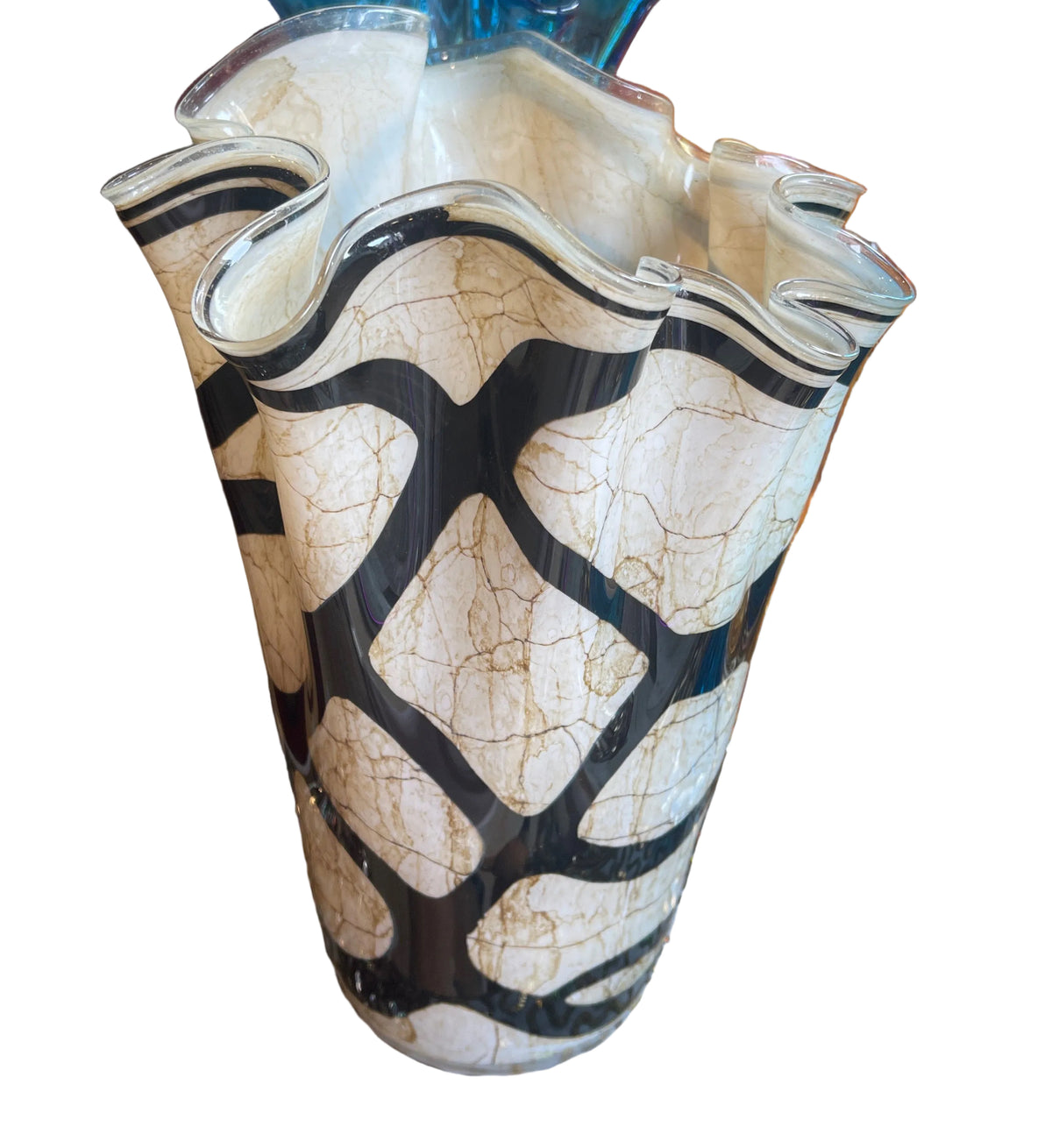 Vintage hand blown Krosno Art glass vase with ruffled rim with abstract pattern 13 inches tall, 9 inches wide. Absolutely beautiful!