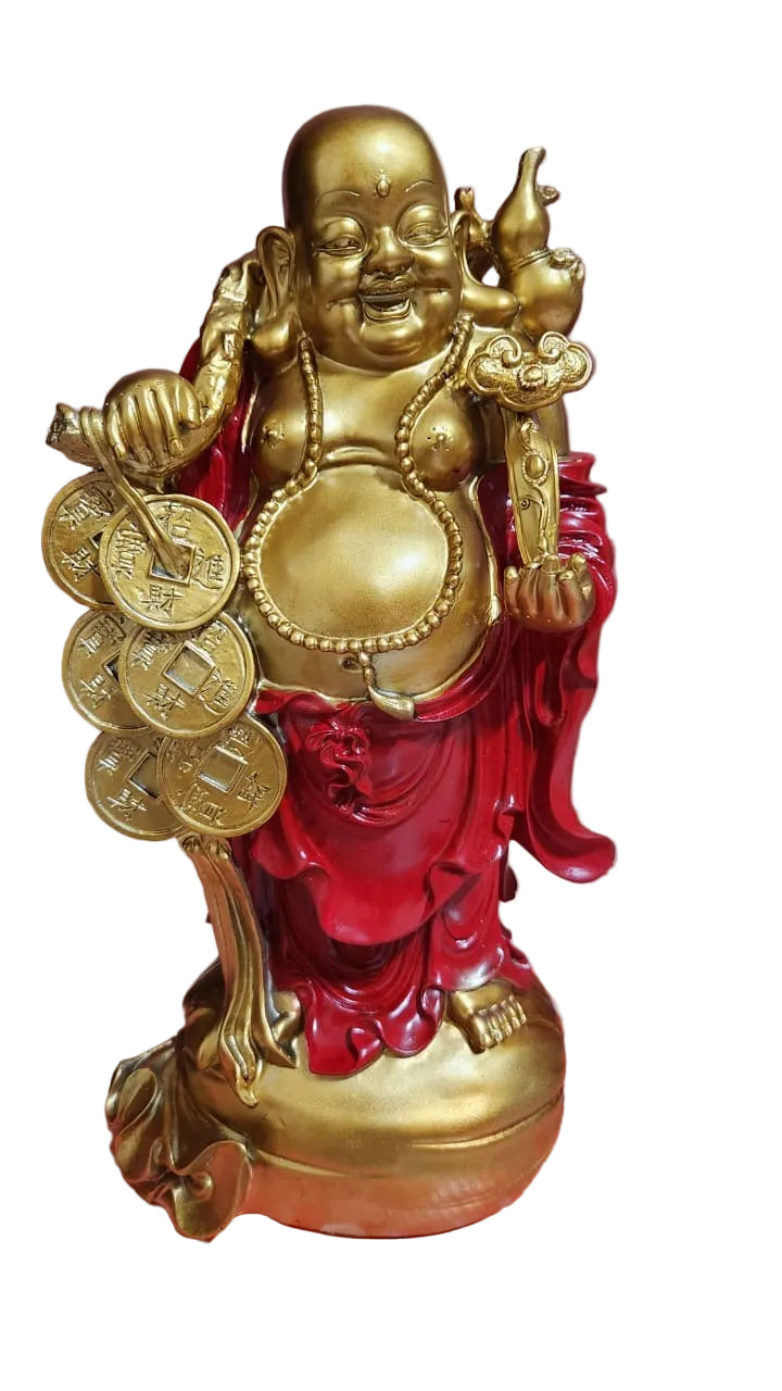 Red and gold, laughing, Buddha standing 14”