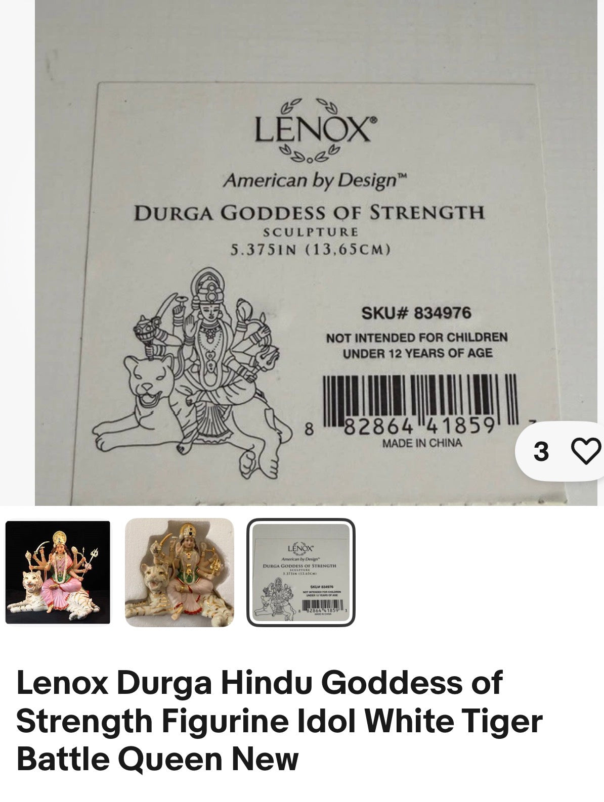 Lenox Durga Hindu Goddess of Strength Figurine Idol White Tiger Battle Queen New