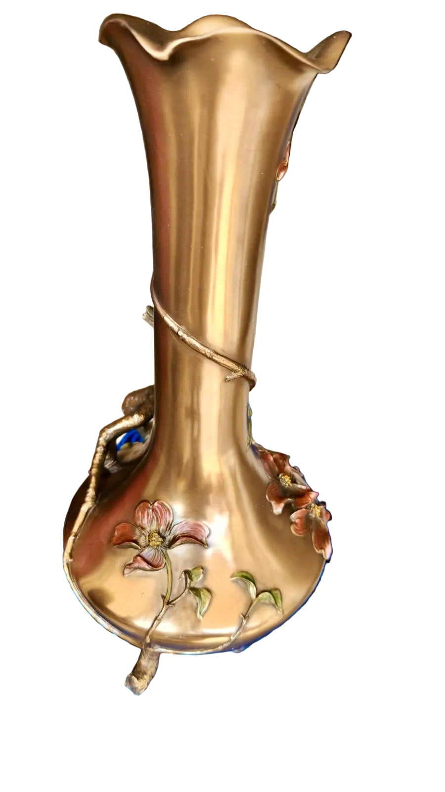 Art Nouveau Bronze Vase: Reed And Blue Bird Figurine