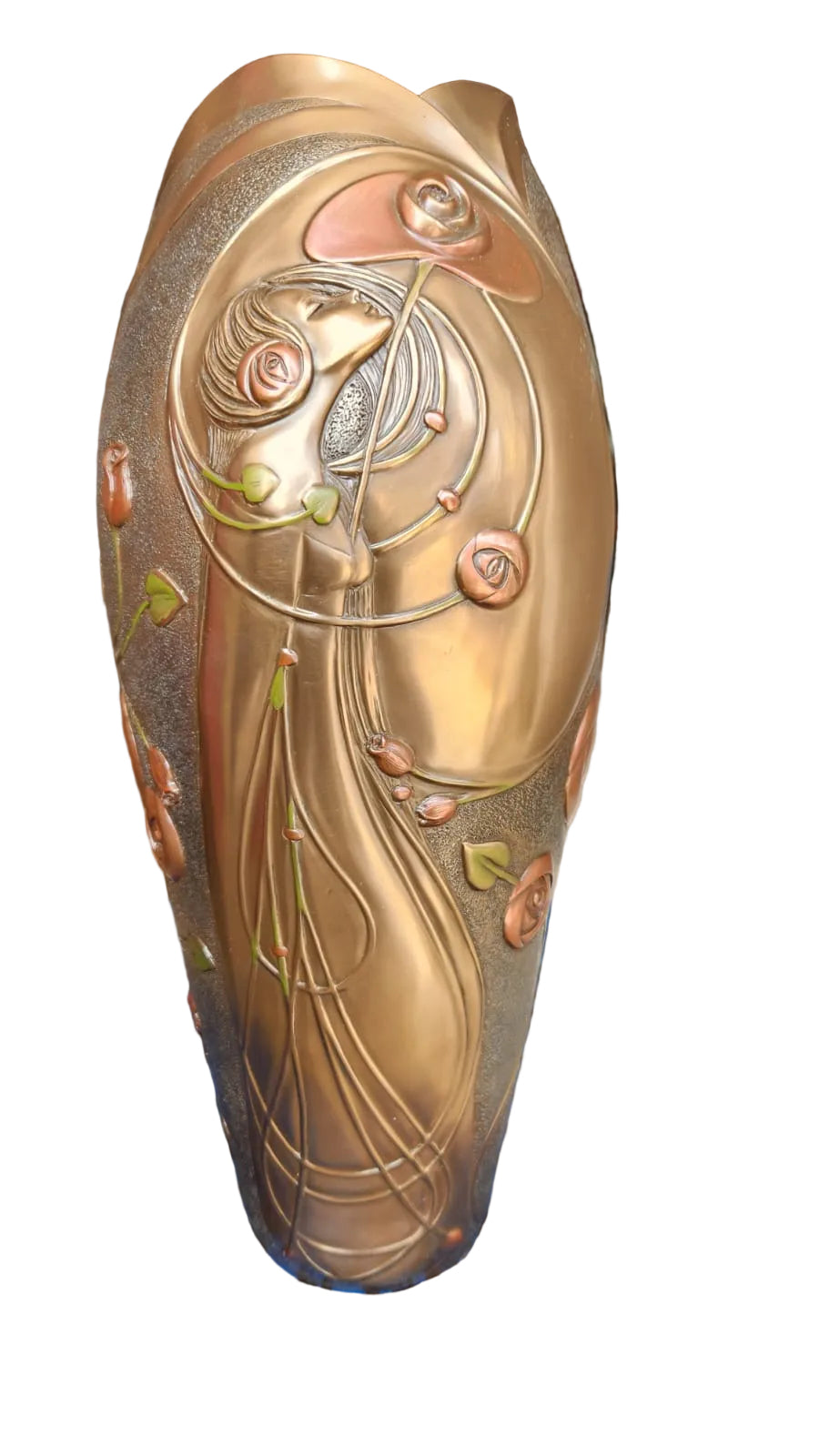 Art Nouveau Geometric Rose and Lady Vase, Bronze Powder Cast 13-3/8''