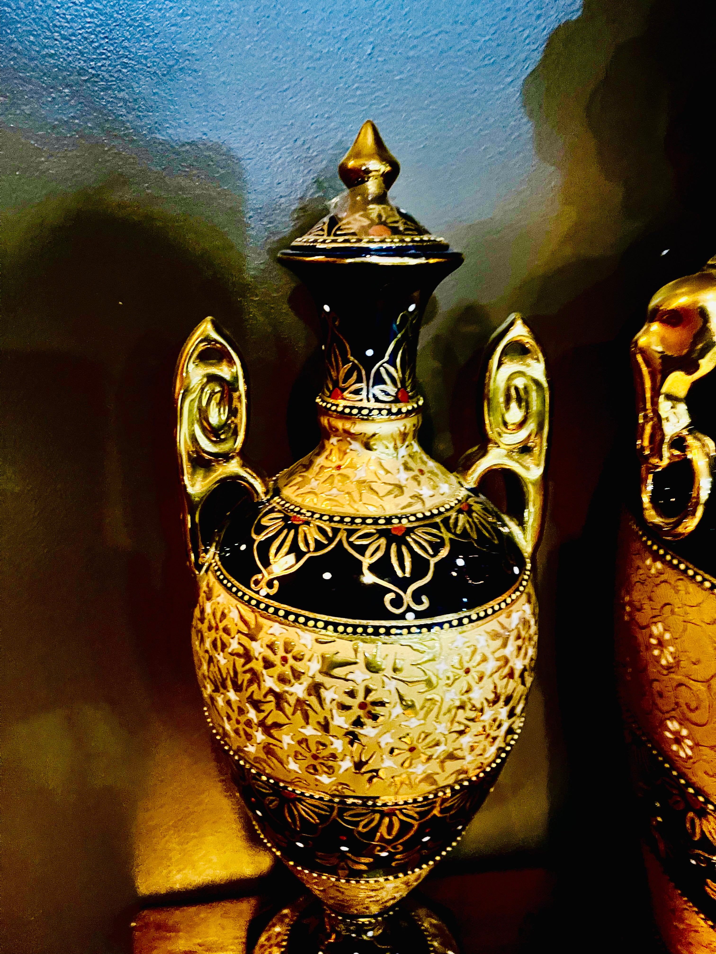 Persian Crafted Vintage Porcelain Vase Set Of 3 Gold Plated And And Blue